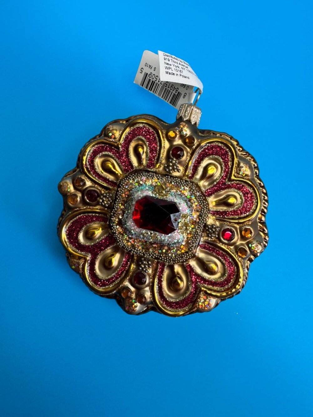 Vintage Polish Glass Jewel Ornament Bloomingdales Ruby Glitter Medallion 3.5” - Picture 2 of 7